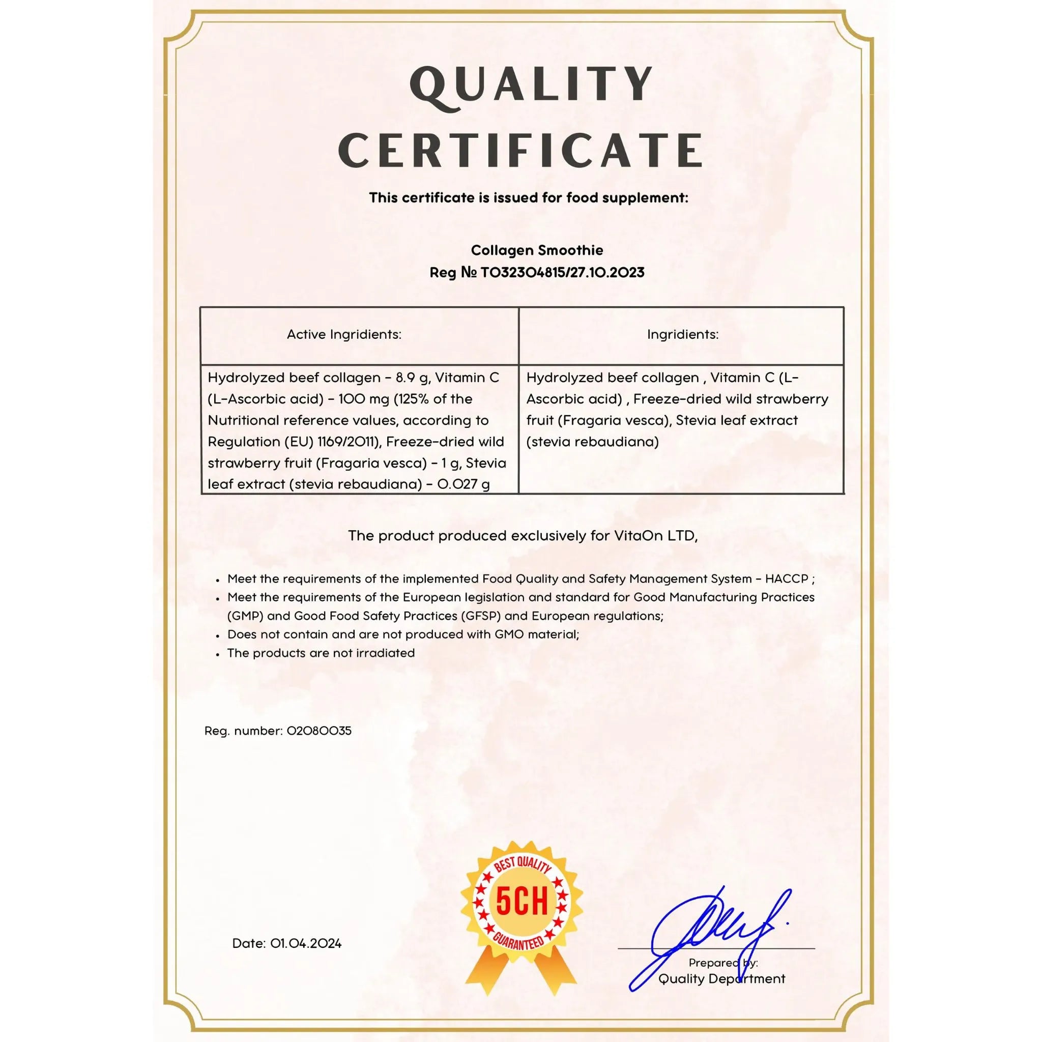 Certificat de qualité smoothie collagene