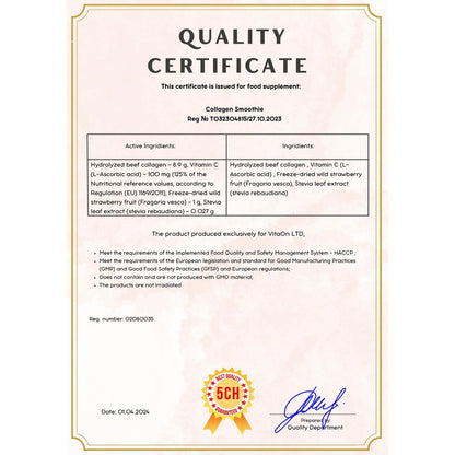 Certificat de qualité smoothie collagene