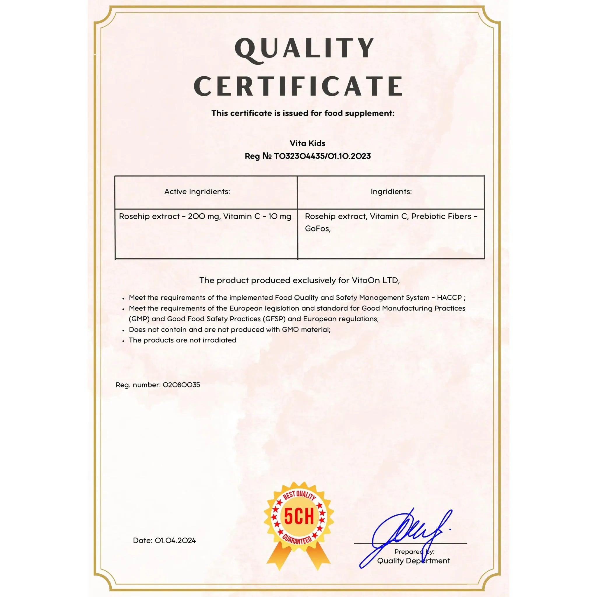 Certificat de qualité