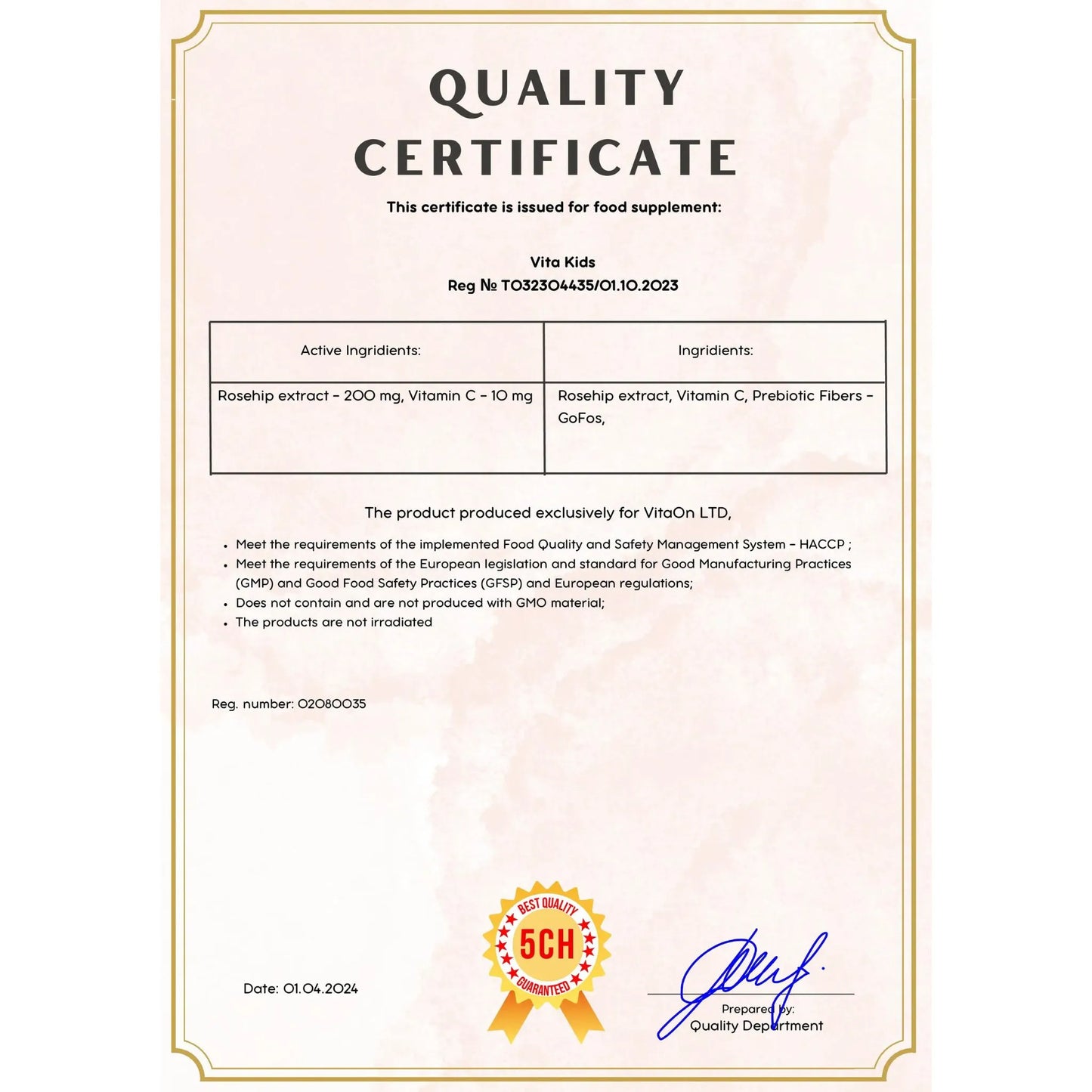 Certificat de qualité