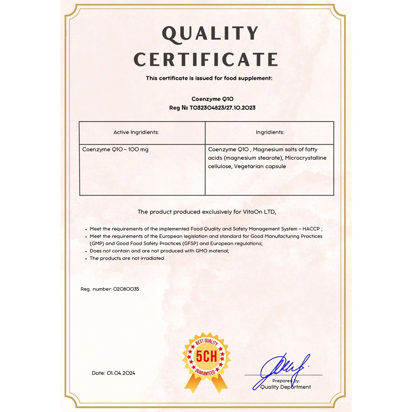 Certificat de qualité coenzyme q10