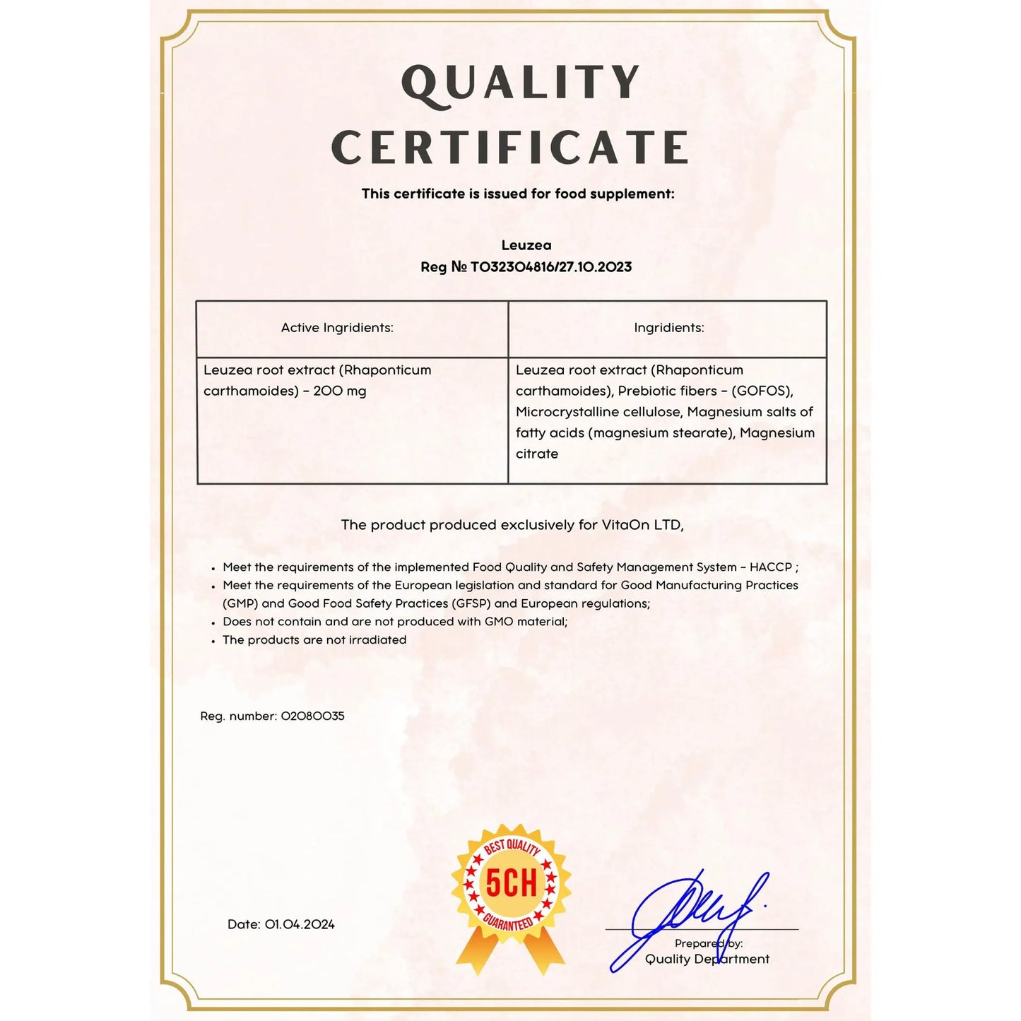 Certificat de qualité leuzea