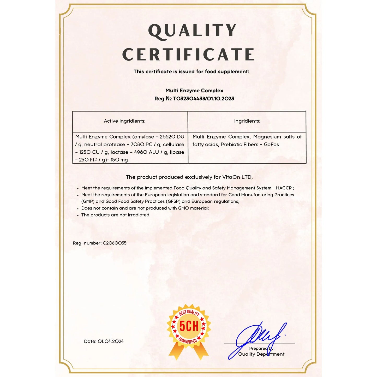 Certificat de qualité multi enzyme complex