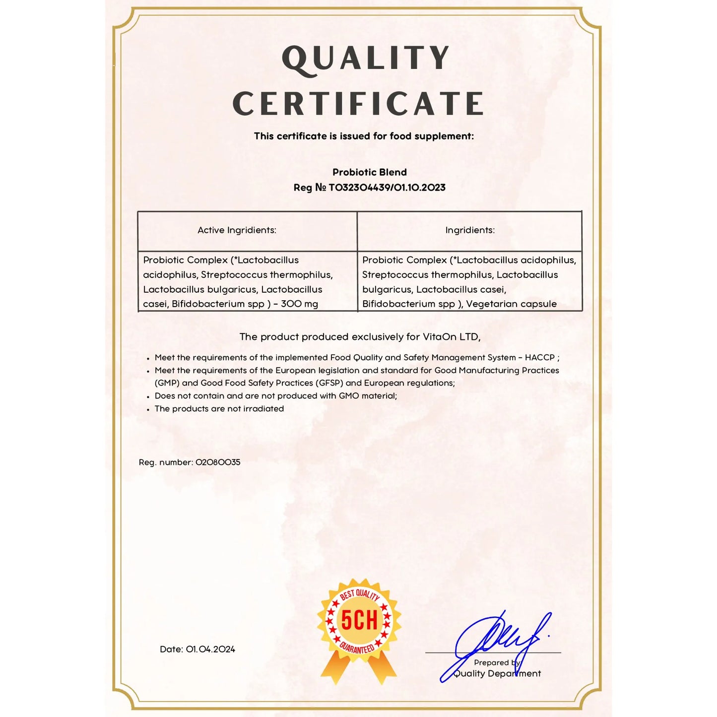 Certificat de qualité probiotique blend