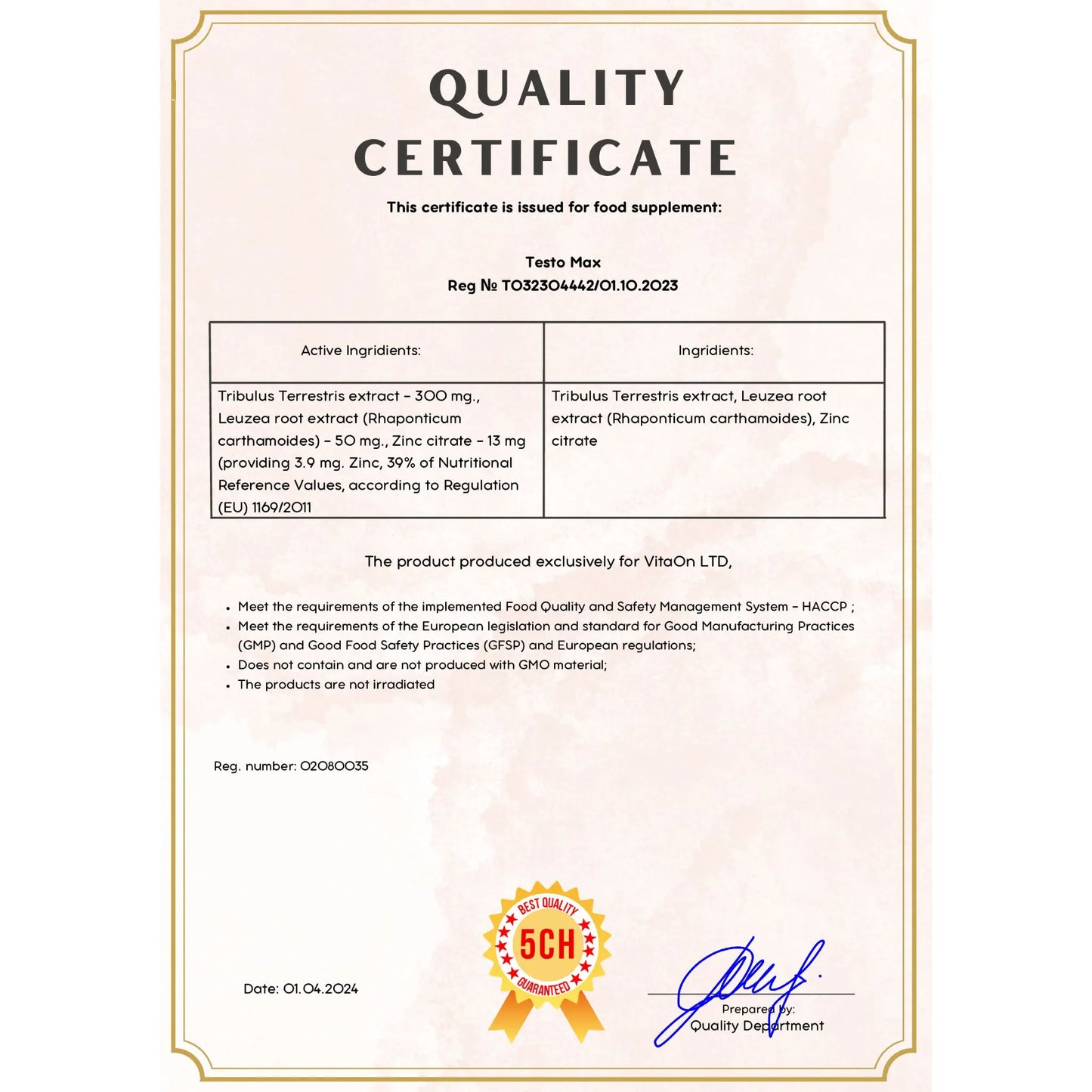 Certificat de qualité tessto max