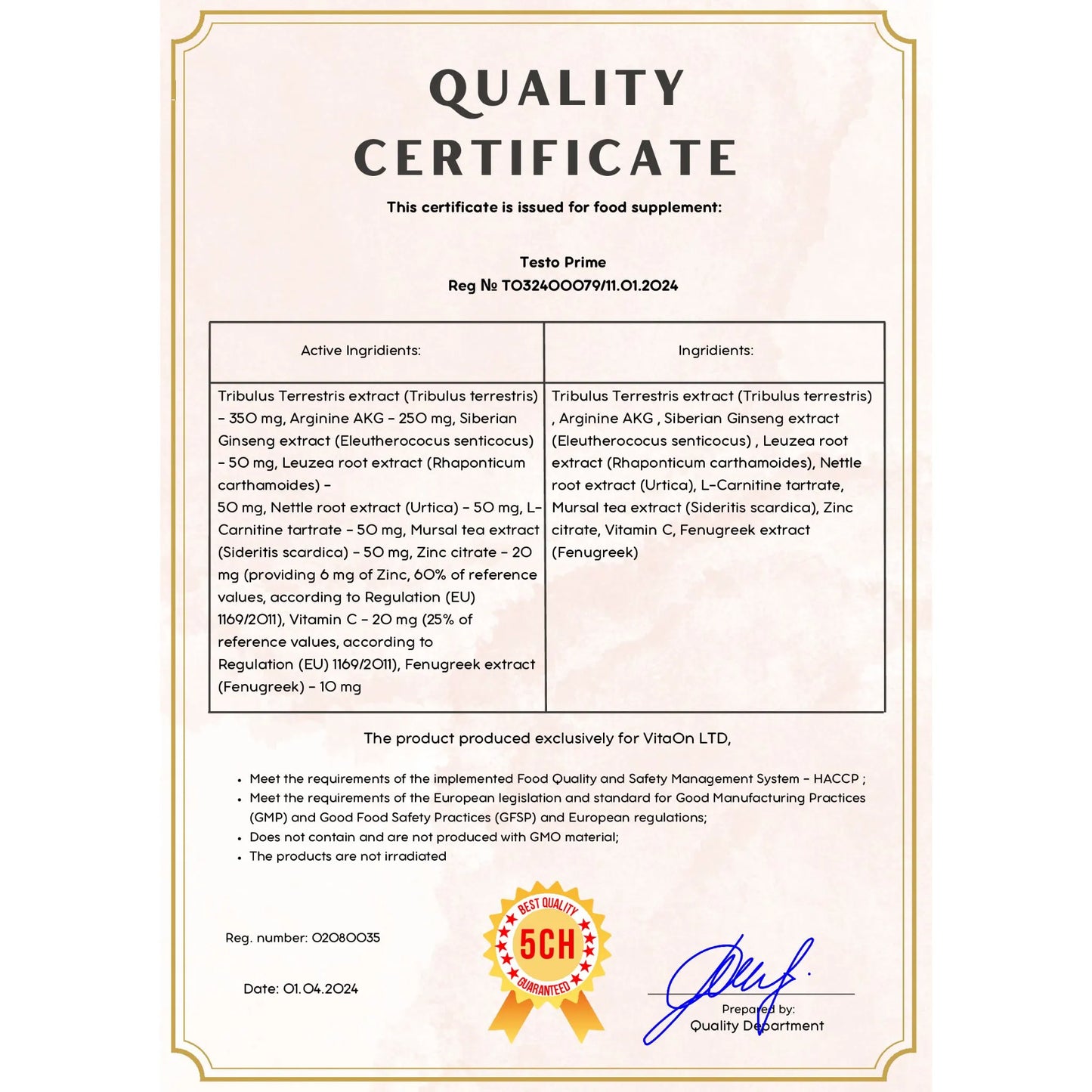 Certificat de qualité testo prime