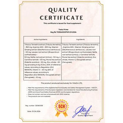 Certificat de qualité testo prime