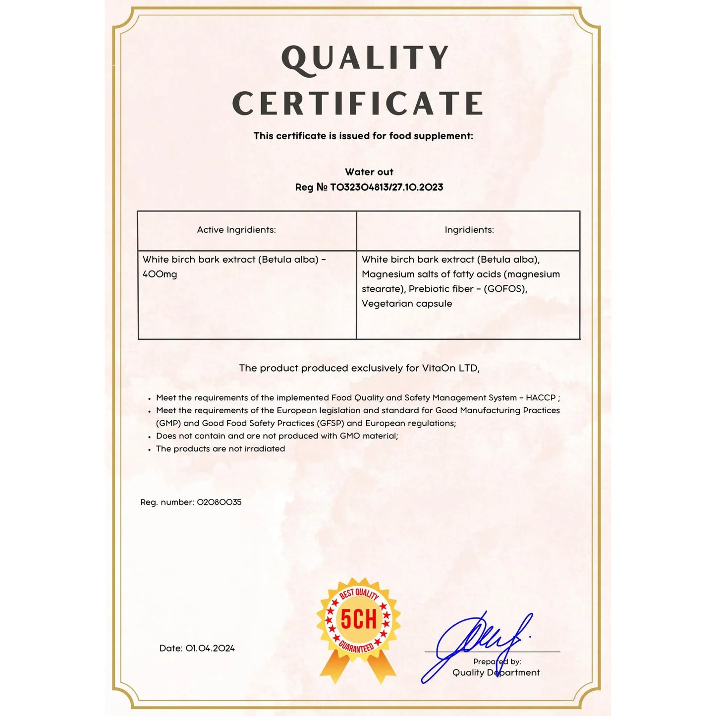 Certificat de qualité water out